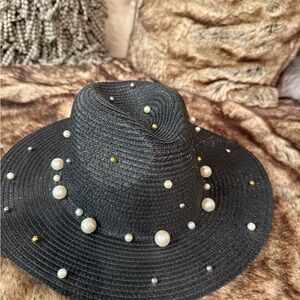 Steve Madden Black Hat with Pearl and Gold Accents